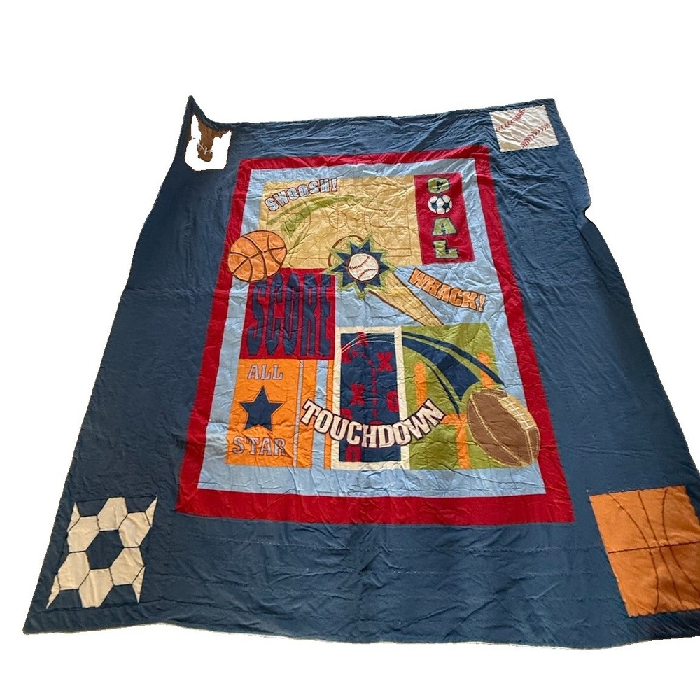 Vintage Sports Quilt Full Size Blue Cotton Patchwork Blanket Football Basketball